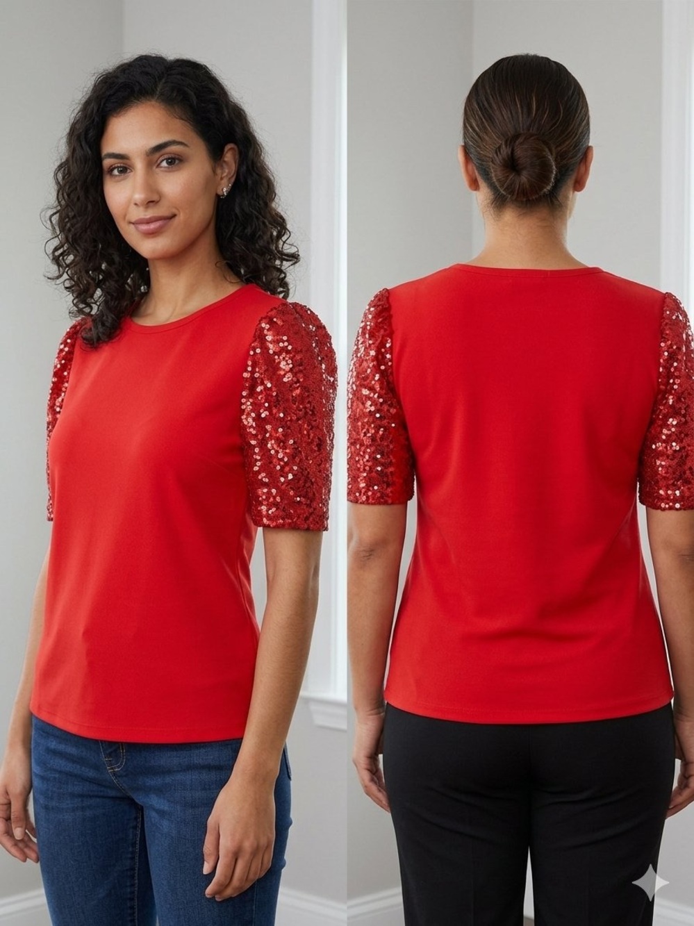 Red Sequin Sleeve Crewneck Top